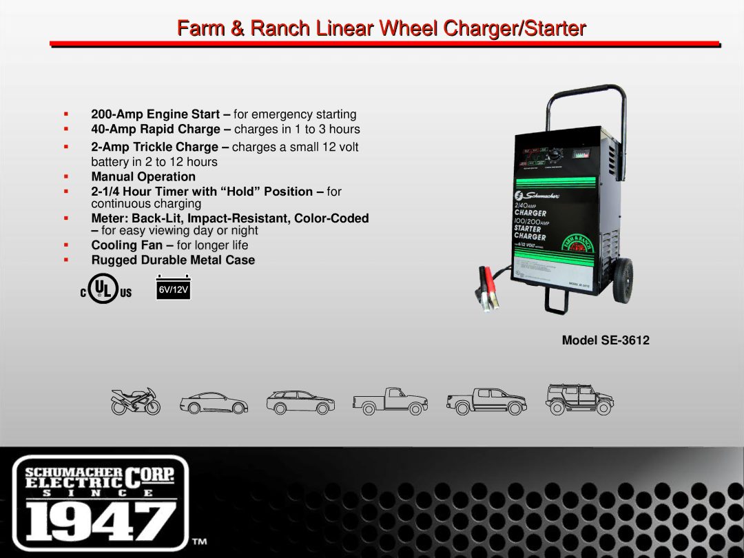 Schumacher SE-1555A manual Farm & Ranch Linear Wheel Charger/Starter,  200-Amp Engine Start for emergency starting 