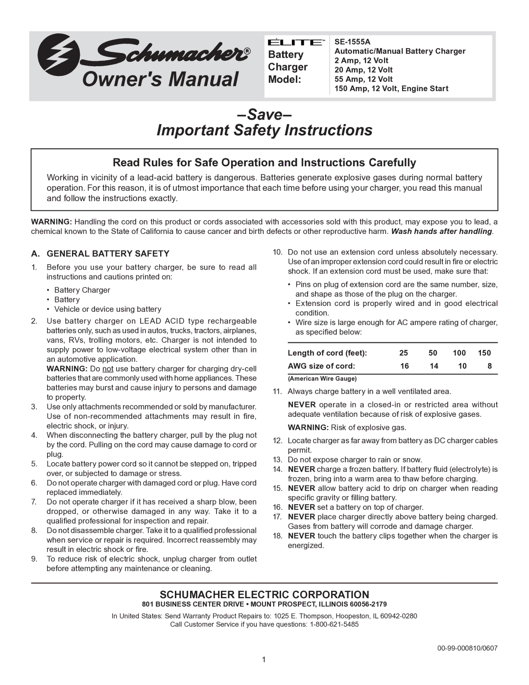 Schumacher SE-1555A owner manual General Battery Safety, Length of cord feet 100 150 AWG size of cord 