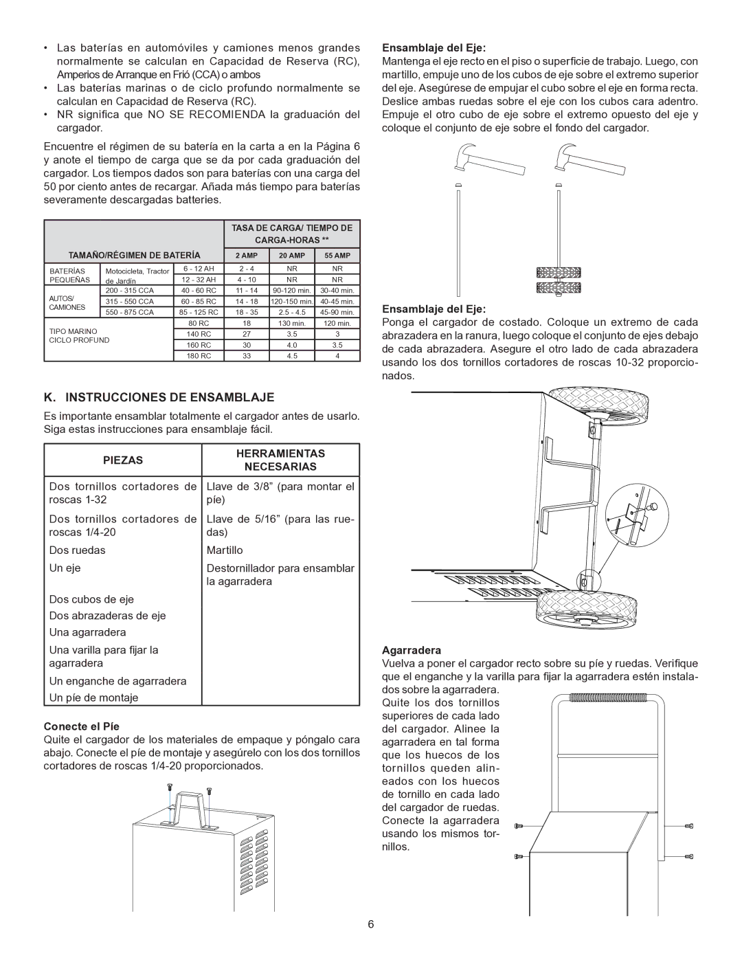 Schumacher SE-1555A Instrucciones DE Ensamblaje, Piezas Herramientas Necesarias, Conecte el Píe, Ensamblaje del Eje 