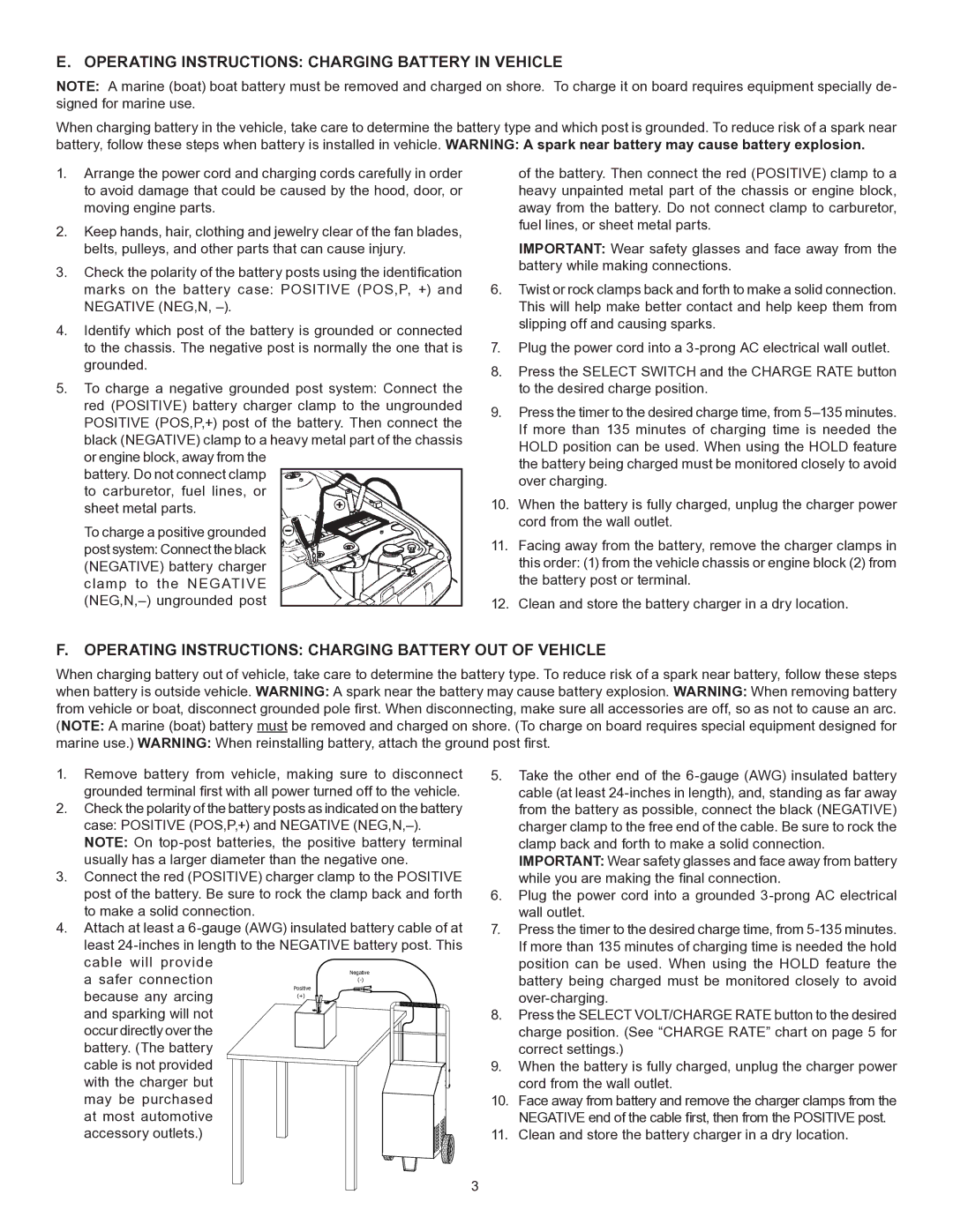 Schumacher SE-1555A owner manual Operating Instructions Charging Battery in Vehicle 