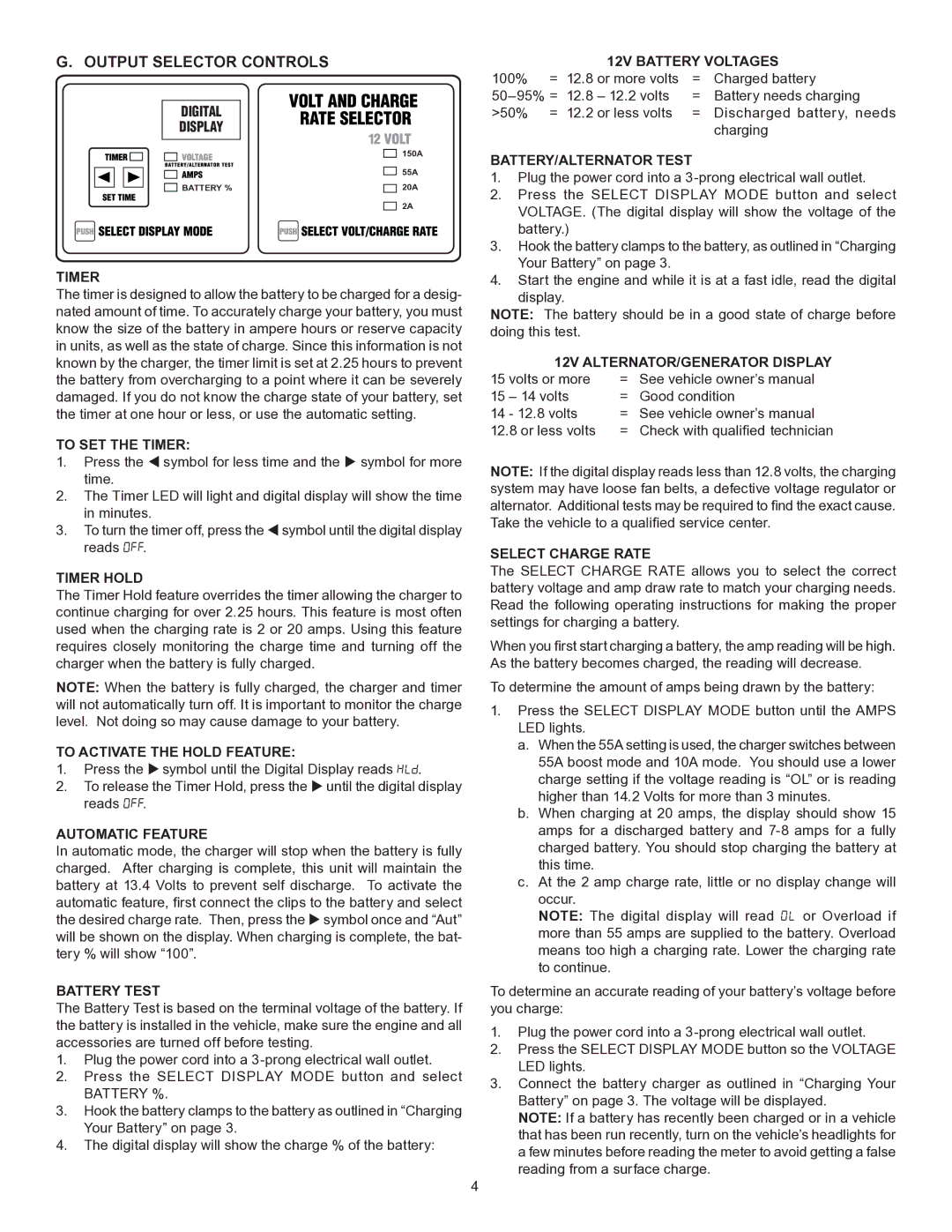 Schumacher SE-1555A owner manual Output Selector Controls, Timer Hold, Battery Test, BATTERY/ALTERNATOR Test 