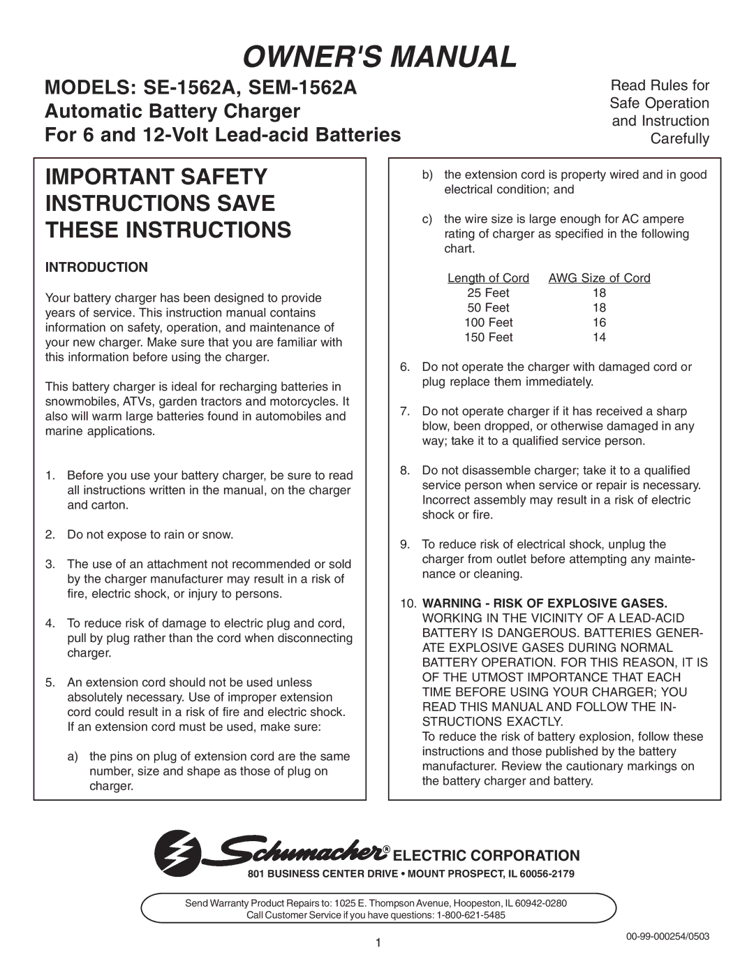 Schumacher SE-1562A owner manual Important Safety Instructions Save These Instructions, Introduction 