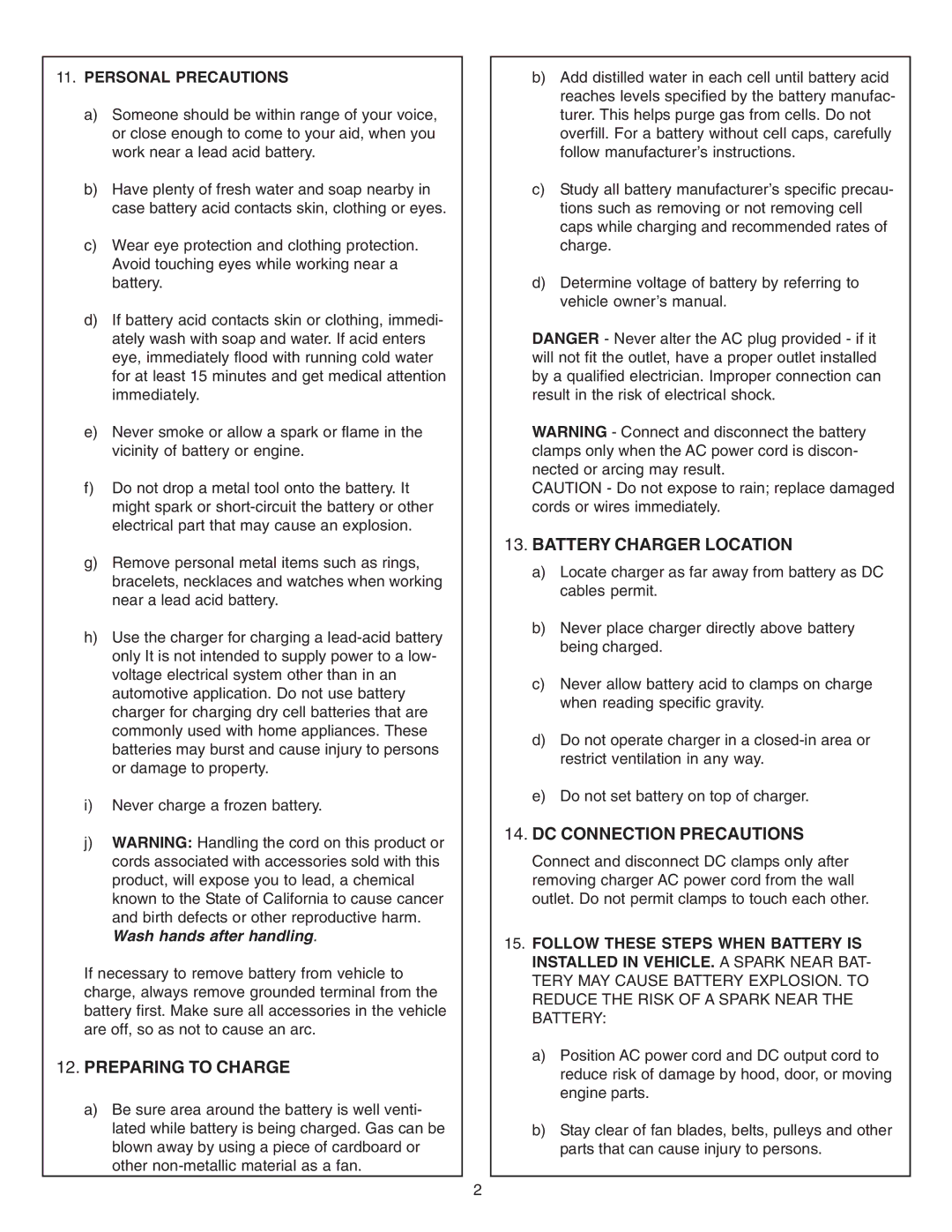 Schumacher SE-1562A Preparing to Charge, Battery Charger Location, DC Connection Precautions, Personal Precautions 