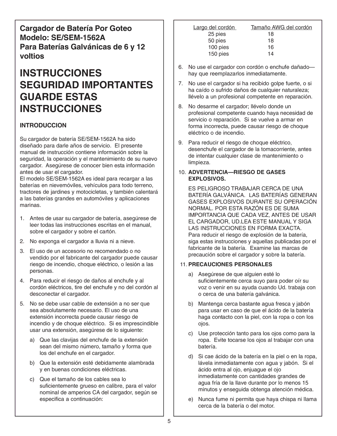 Schumacher SE-1562A owner manual Introduccion, ADVERTENCIA-RIESGO DE Gases Explosivos, Precauciones Personales 