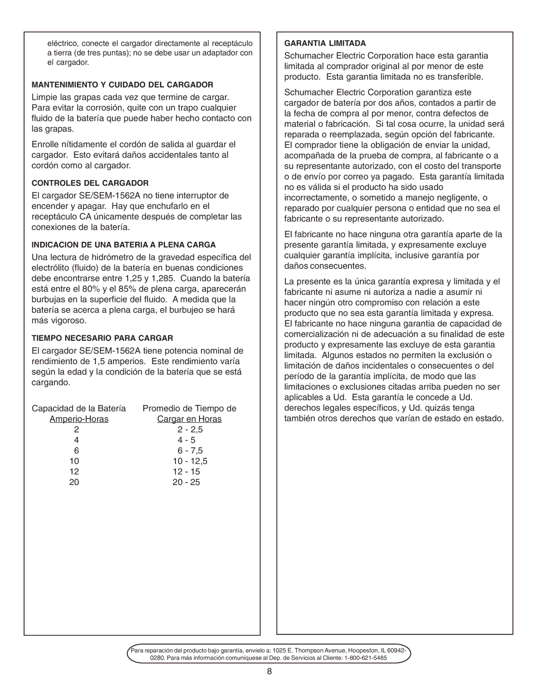 Schumacher SE-1562A owner manual Mantenimiento Y Cuidado DEL Cargador 