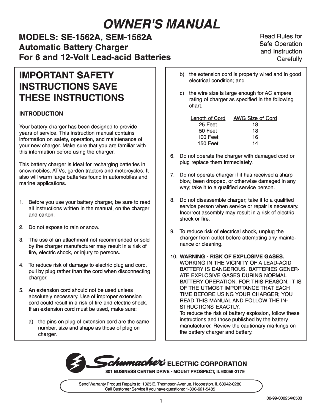 Schumacher SE-1562A owner manual Important Safety Instructions Save These Instructions, Introduction, Electric Corporation 