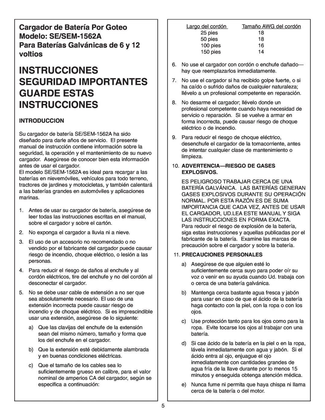 Schumacher SE-1562A Instrucciones Seguridad Importantes Guarde Estas Instrucciones, Introduccion, Precauciones Personales 