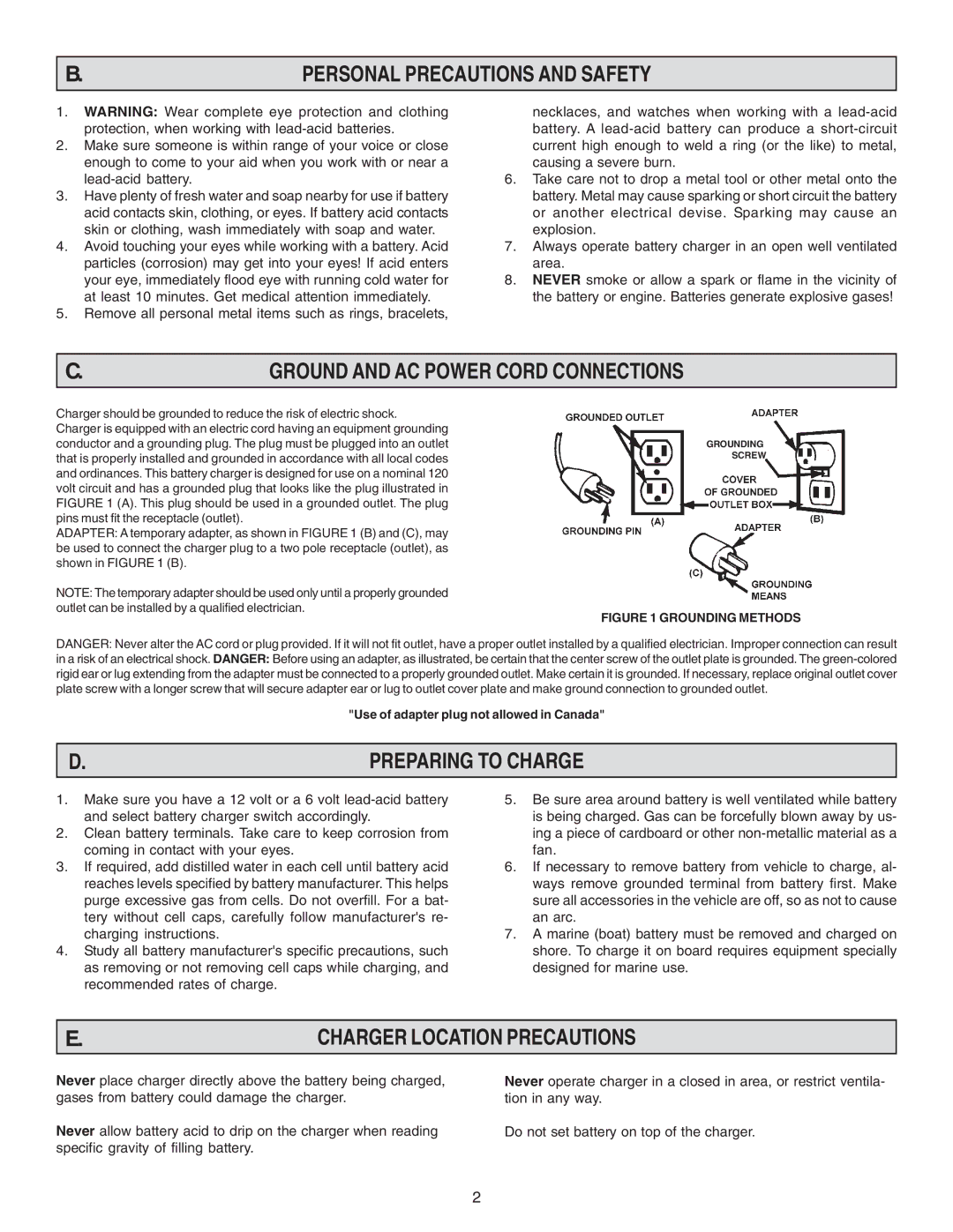 Schumacher SE-4020 Personal Precautions and Safety, Ground and AC Power Cord Connections, Charger Location Precautions 