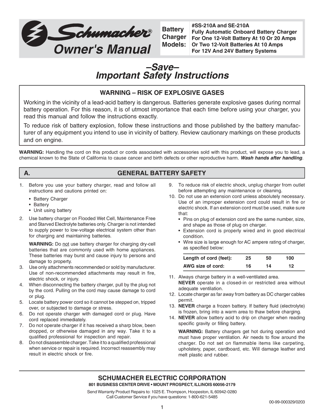 Schumacher SS-210A, SE-210A owner manual Schumacher Electric Corporation, General Battery Safety 