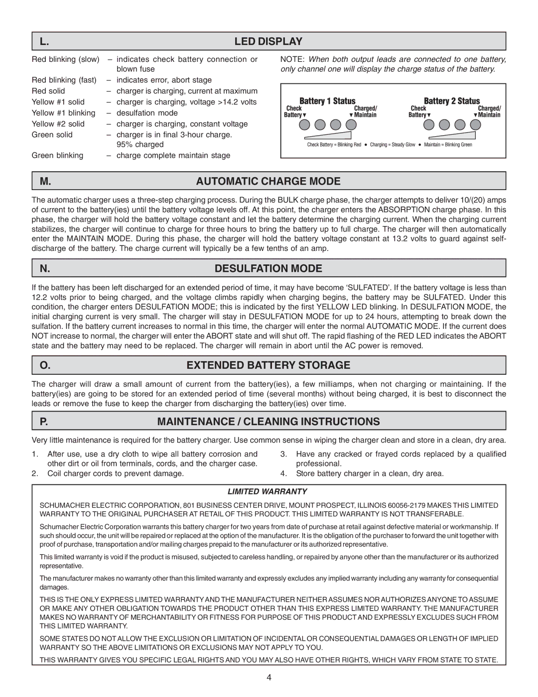 Schumacher SE-210A, SS-210A owner manual LED Display, Automatic Charge Mode, Desulfation Mode, Extended Battery Storage 