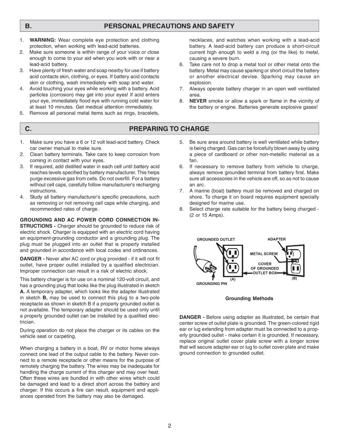 Schumacher SE-2150MA Personal Precautions and Safety, Preparing to Charge, Grounding and AC Power Cord Connection 