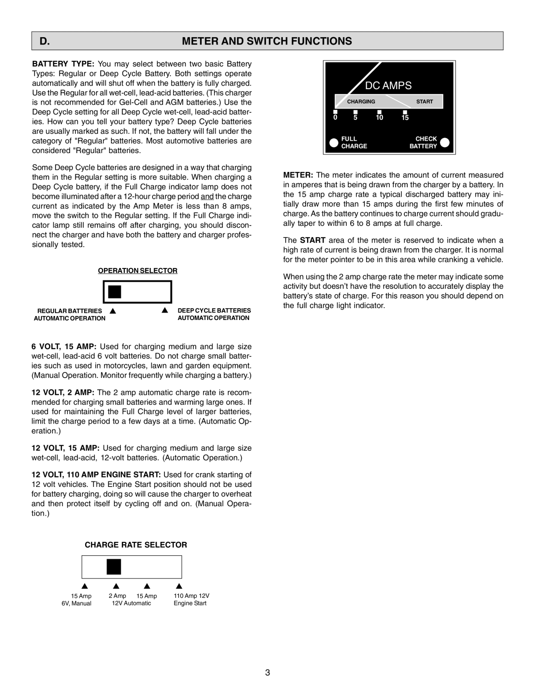 Schumacher SE-2150MA owner manual Meter and Switch Functions, Charge Rate Selector, Operation Selector 