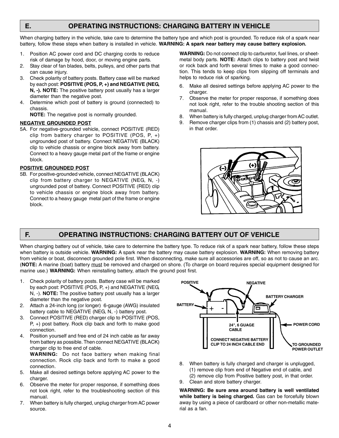 Schumacher SE-2150MA Operating Instructions Charging Battery in Vehicle, Negative Grounded Post, Positive Grounded Post 