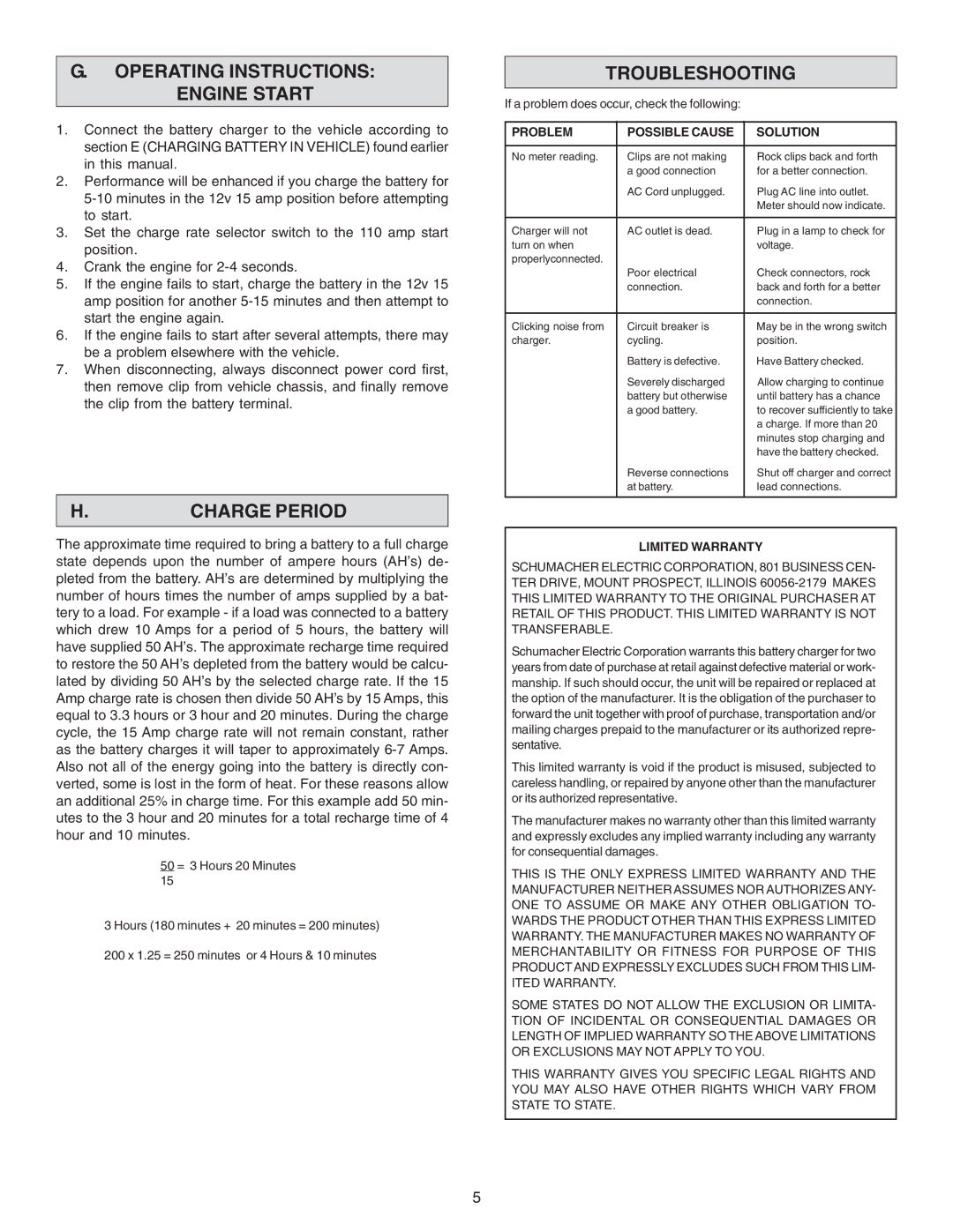 Schumacher SE-2150MA Operating Instructions Engine Start, Charge Period, Troubleshooting, Problem Possible Cause Solution 
