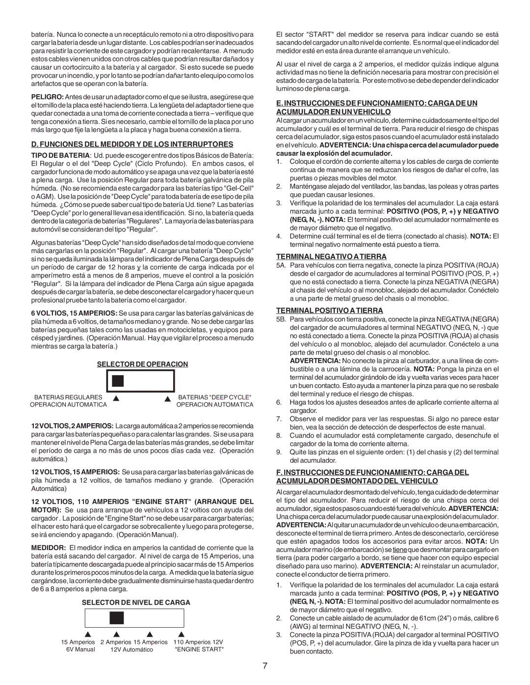 Schumacher SE-2150MA Funciones DEL Medidor Y DE LOS Interruptores, Selector DE Operacion, Selector DE Nivel DE Carga 