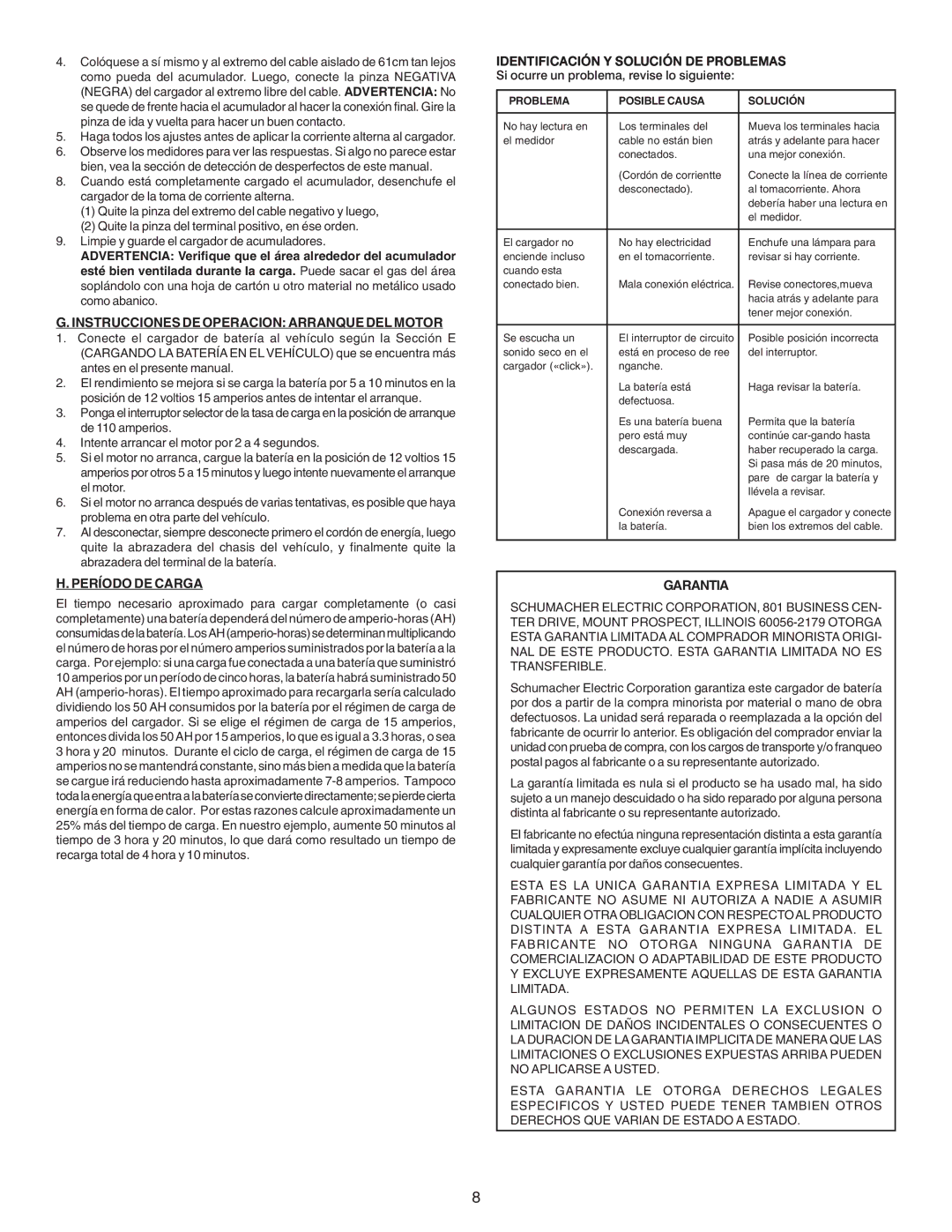 Schumacher SE-2150MA owner manual Instrucciones DE Operacion Arranque DEL Motor, Período DE Carga, Garantia 