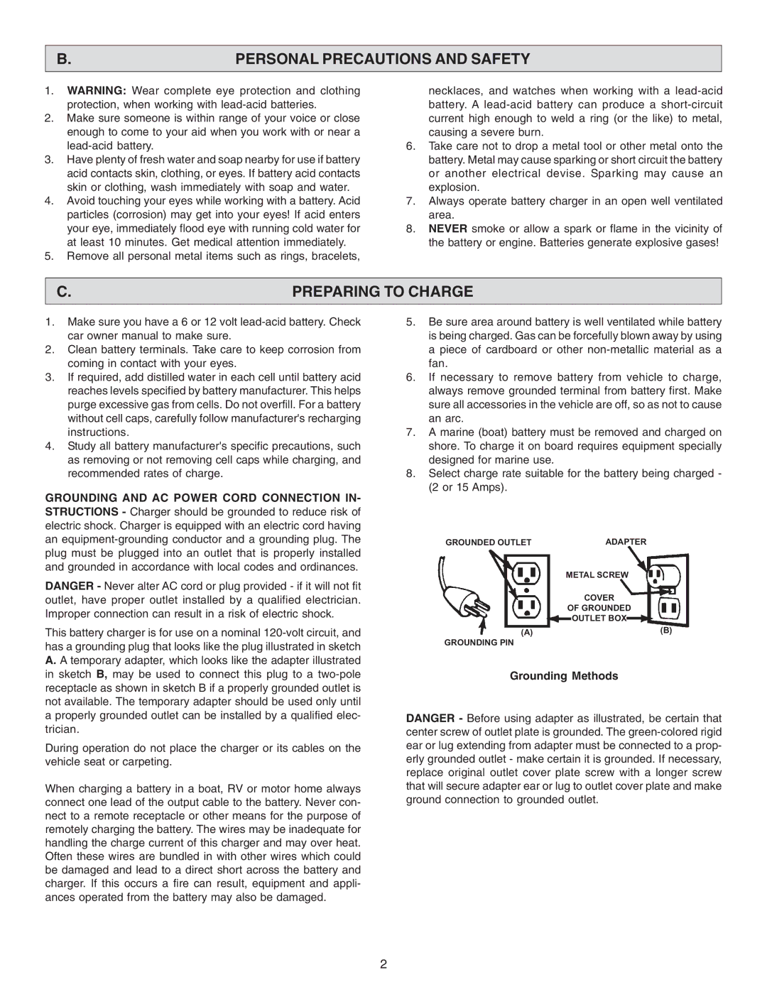 Schumacher SE-2152MA Personal Precautions and Safety, Preparing to Charge, Grounding and AC Power Cord Connection 