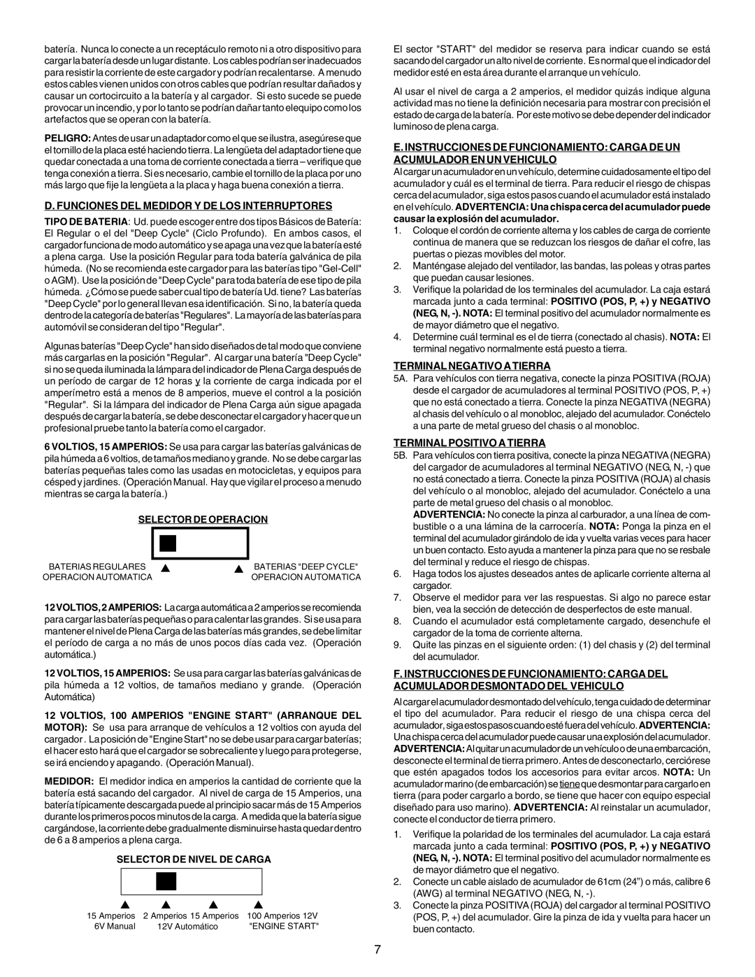 Schumacher SE-2152MA Funciones DEL Medidor Y DE LOS Interruptores, Selector DE Operacion, Selector DE Nivel DE Carga 