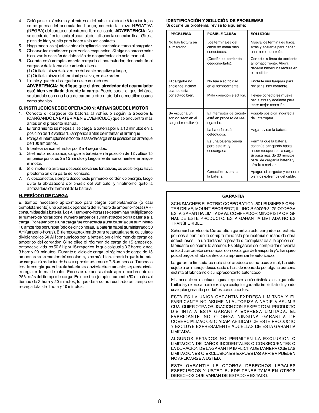 Schumacher SE-2152MA owner manual Instrucciones DE Operacion Arranque DEL Motor, Período DE Carga, Garantia 