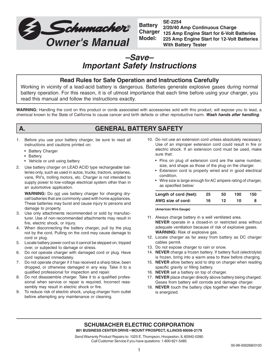 Schumacher SE-2254 owner manual General Battery Safety, Business Center Drive Mount PROSPECT, Illinois 