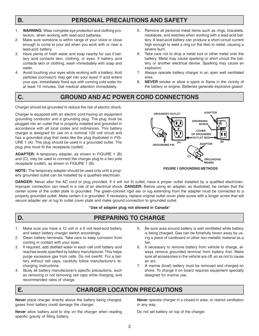 Schumacher SE-2254 owner manual Personal Precautions and Safety, Ground and AC Power Cord Connections, Preparing to Charge 