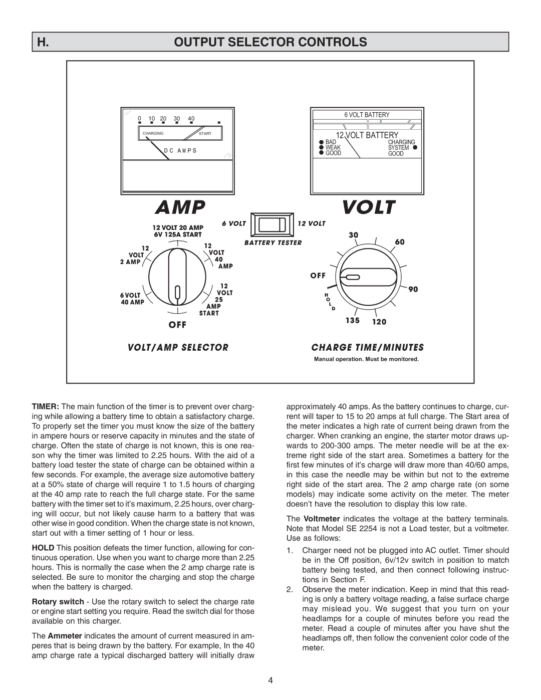 Schumacher SE-2254 owner manual Output Selector Controls, Volt Battery 