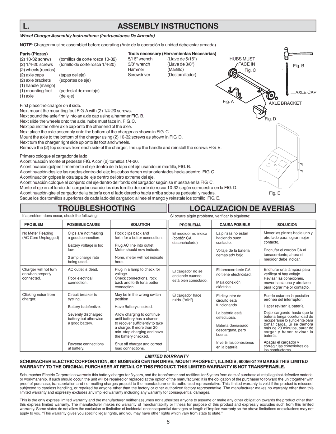 Schumacher SE-2254 Assembly Instructions, Troubleshooting, Localizacion DE Averias, Problem Possible Cause Solution 