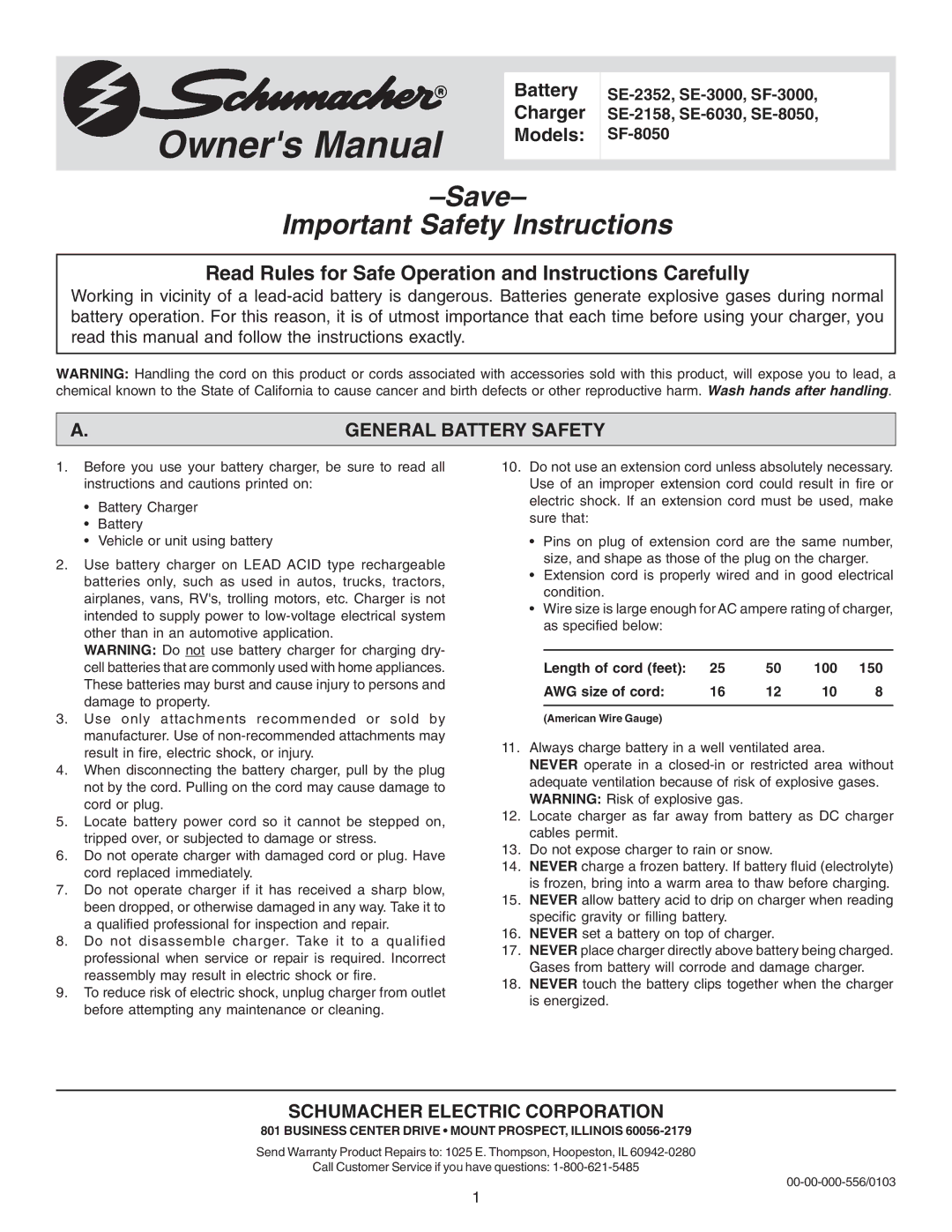 Schumacher SE-3000 owner manual Save Important Safety Instructions, Business Center Drive Mount PROSPECT, Illinois 