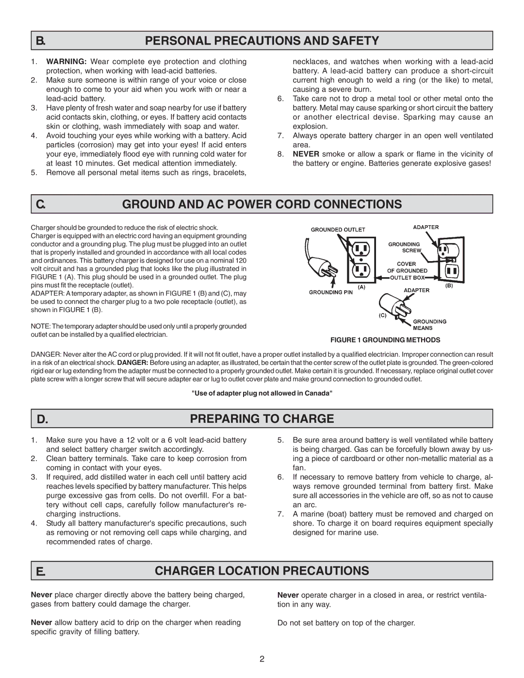 Schumacher SE-2158, SE-2352 Personal Precautions and Safety, Ground and AC Power Cord Connections, Preparing to Charge 