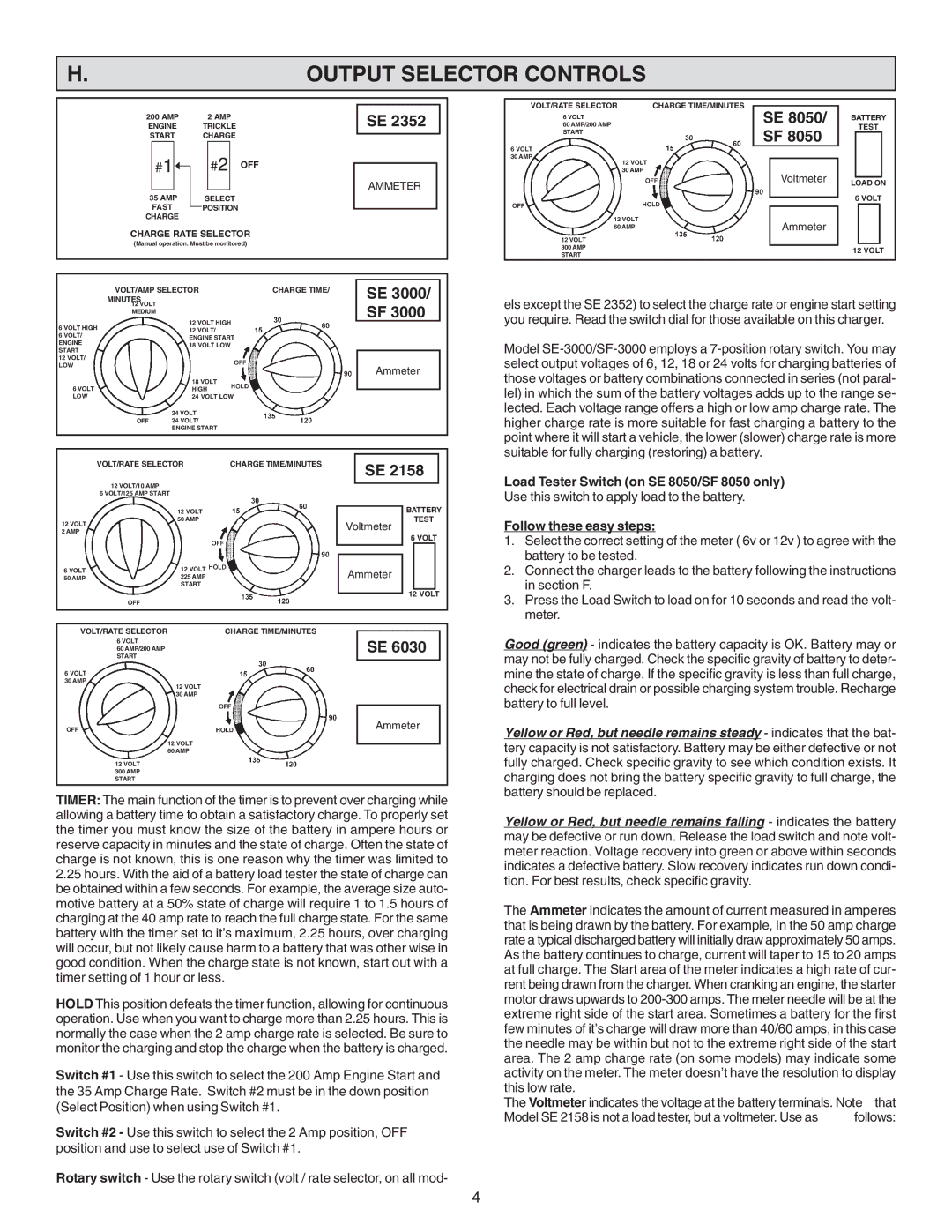 Schumacher SE-6030, SE-2352 Output Selector Controls, Load Tester Switch on SE 8050/SF 8050 only, Follow these easy steps 