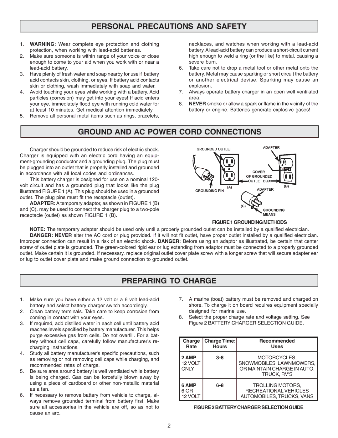 Schumacher SE-3002 owner manual Personal Precautions and Safety, Ground and AC Power Cord Connections, Preparing to Charge 