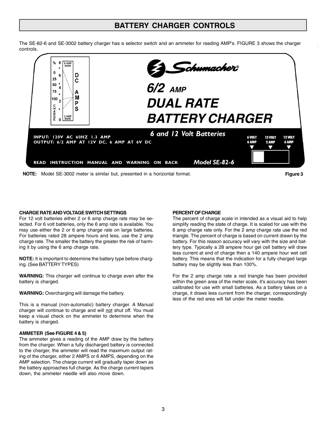 Schumacher SE-3002 Battery Charger Controls, Charge Rate and Voltage Switch Settings, Ammeter See, Percentofcharge 