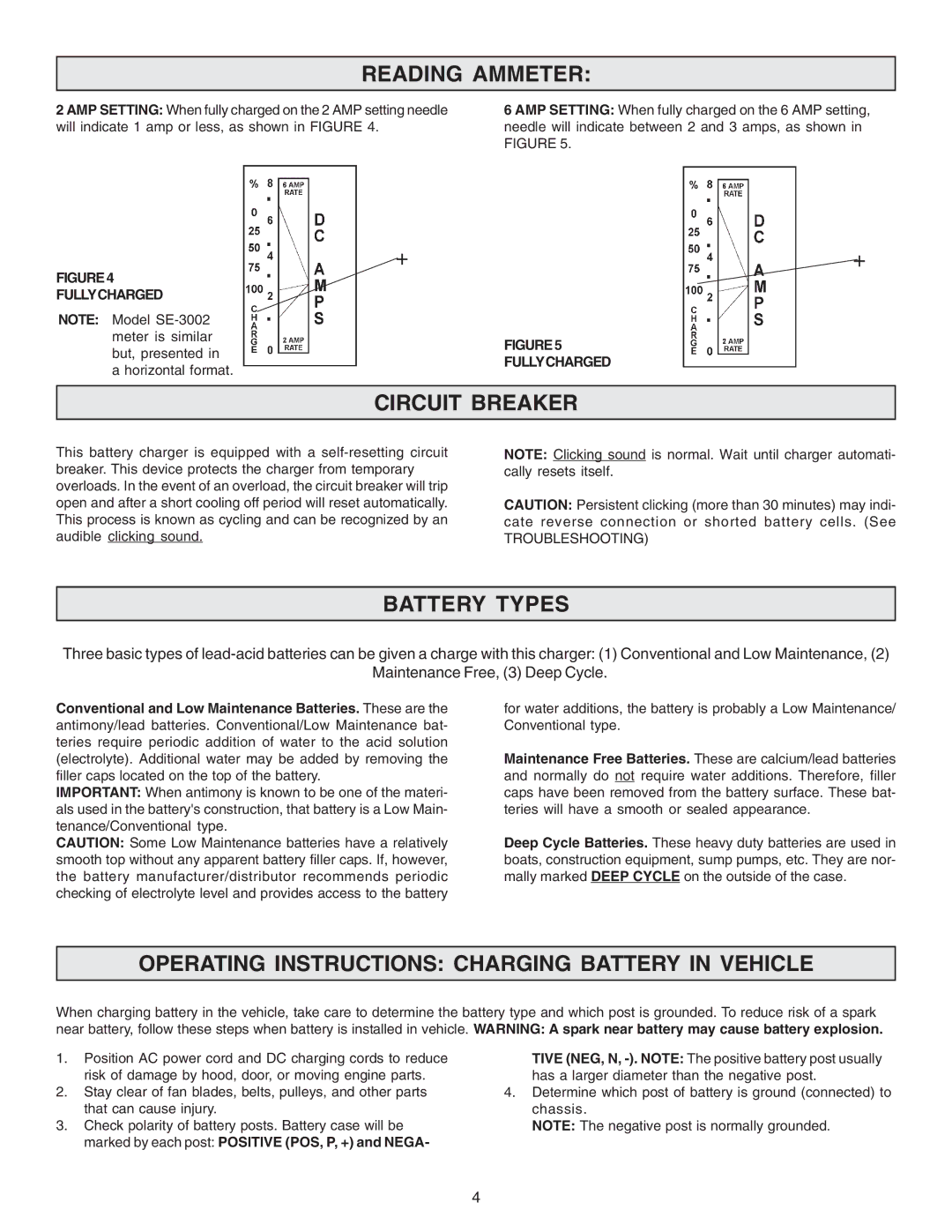 Schumacher SE-3002 Reading Ammeter, Circuit Breaker, Battery Types, Operating Instructions Charging Battery in Vehicle 