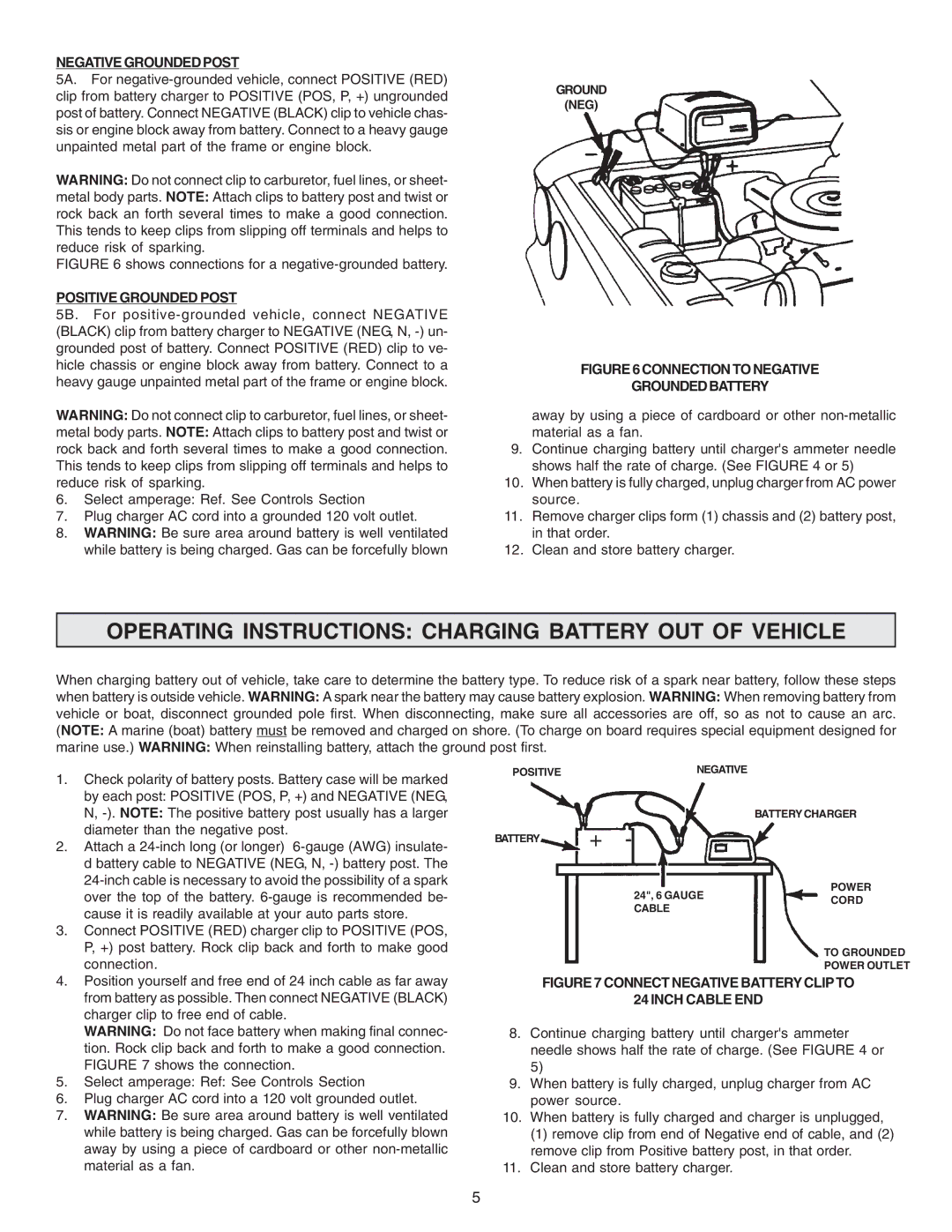 Schumacher SE-3002 Operating Instructions Charging Battery OUT of Vehicle, Negative Grounded Post, Positive Grounded Post 