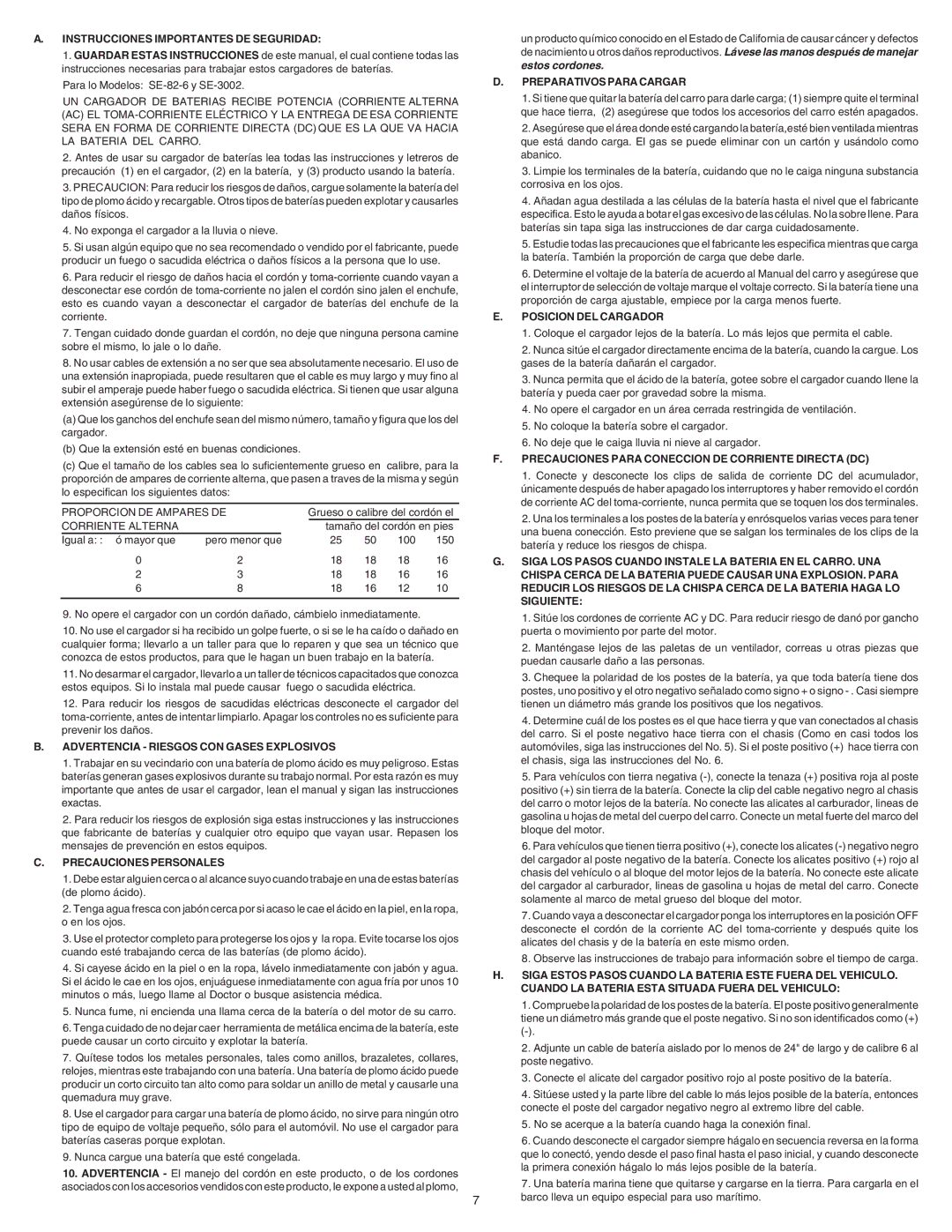 Schumacher SE-3002 Instrucciones Importantes DE Seguridad, Advertencia Riesgos CON Gases Explosivos, Posicion DEL Cargador 