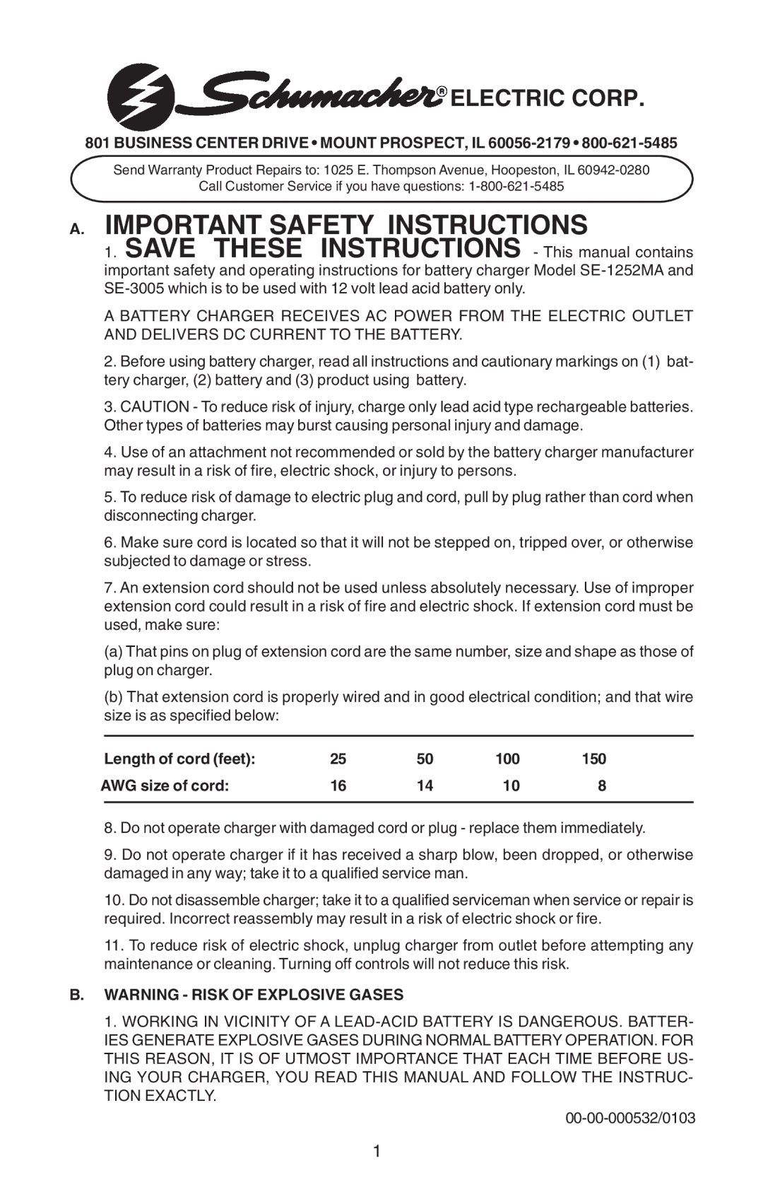 Schumacher SE-1252MA, SE-3005 important safety instructions Important Safety Instructions 