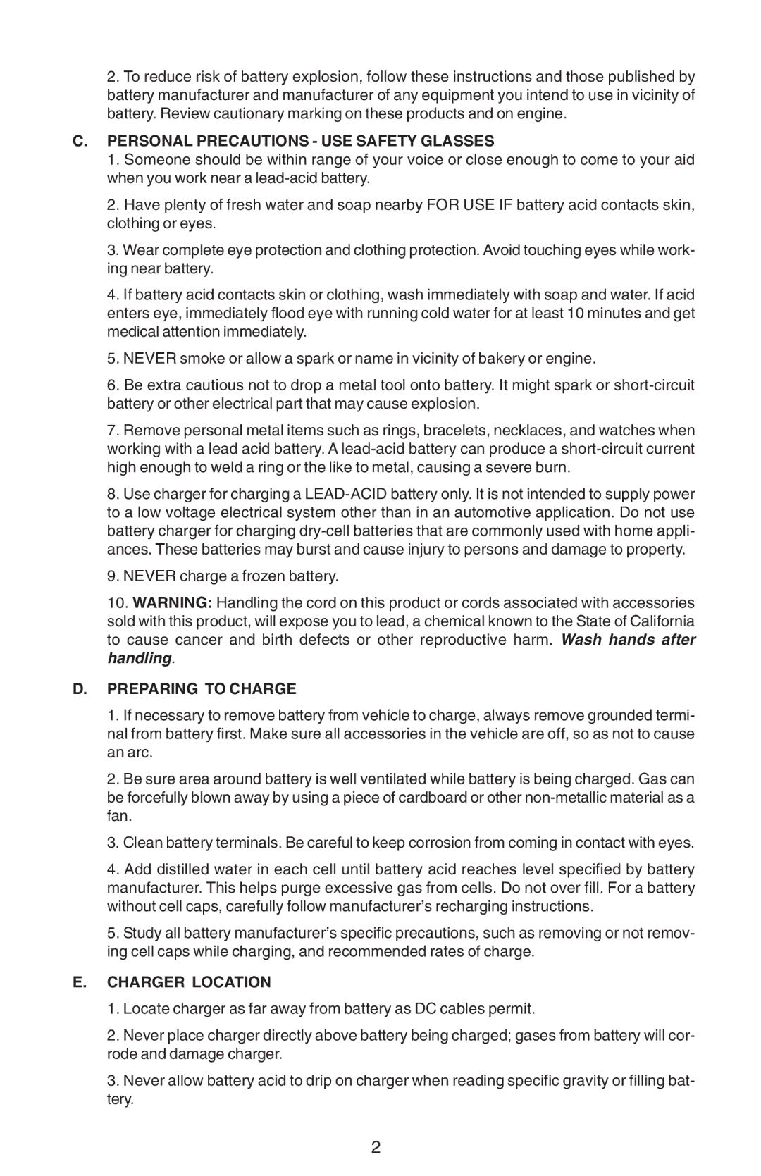 Schumacher SE-3005, SE-1252MA Personal Precautions USE Safety Glasses, Preparing to Charge, Charger Location 