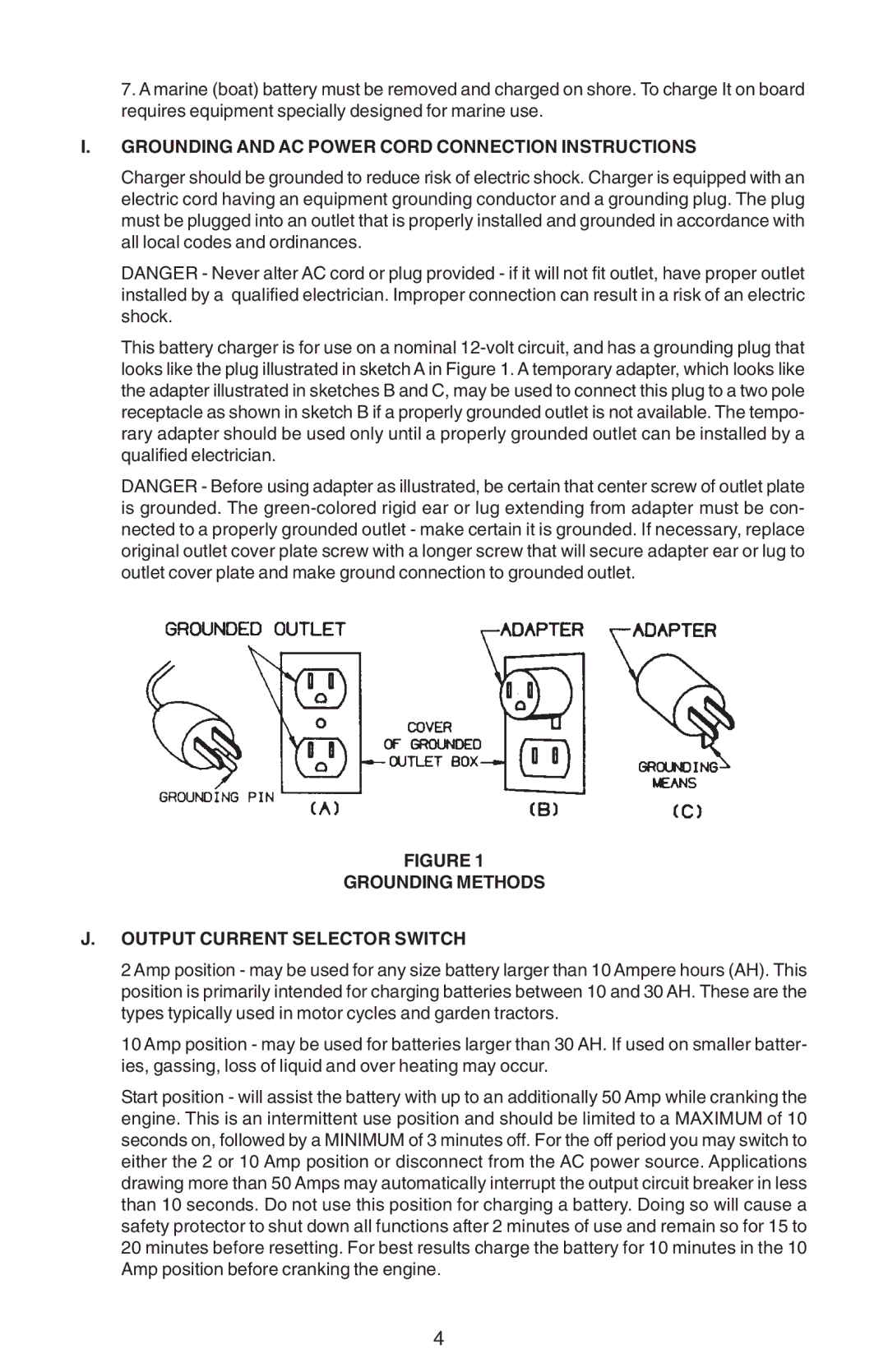 Schumacher SE-3005 Grounding and AC Power Cord Connection Instructions, Grounding Methods Output Current Selector Switch 