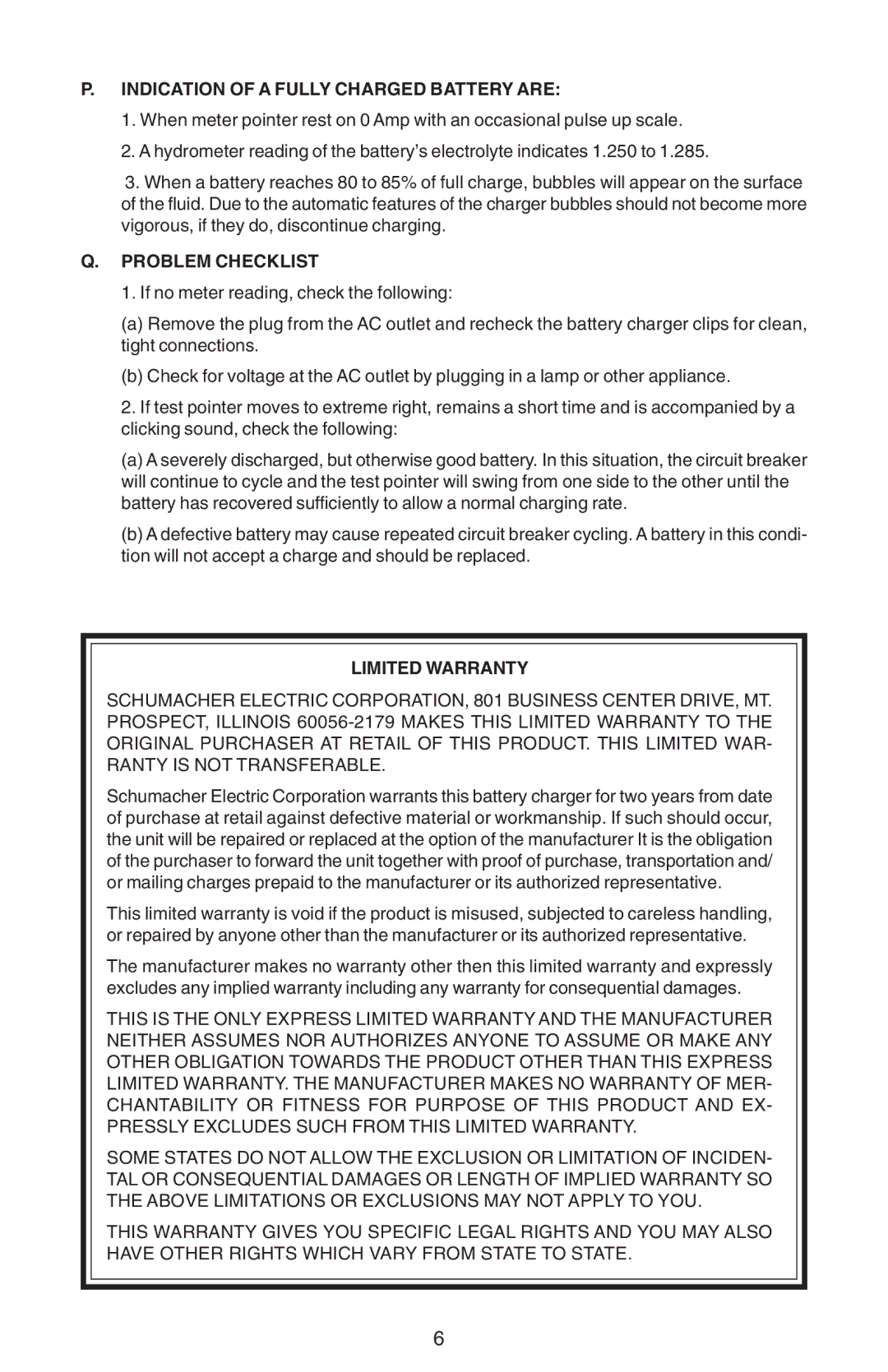 Schumacher SE-3005, SE-1252MA Indication of a Fully Charged Battery are, Problem Checklist, Limited Warranty 