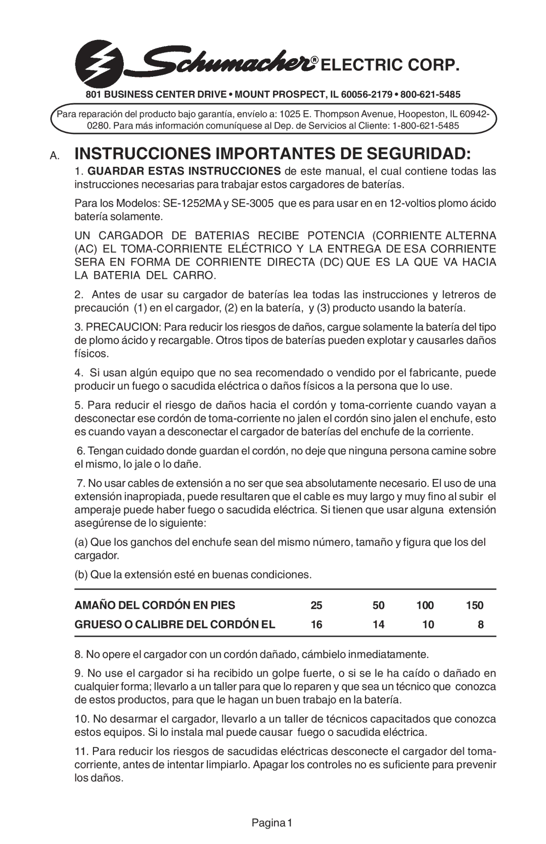 Schumacher SE-1252MA, SE-3005 important safety instructions Amaño DEL Cordón EN Pies, Grueso O Calibre DEL Cordón EL 