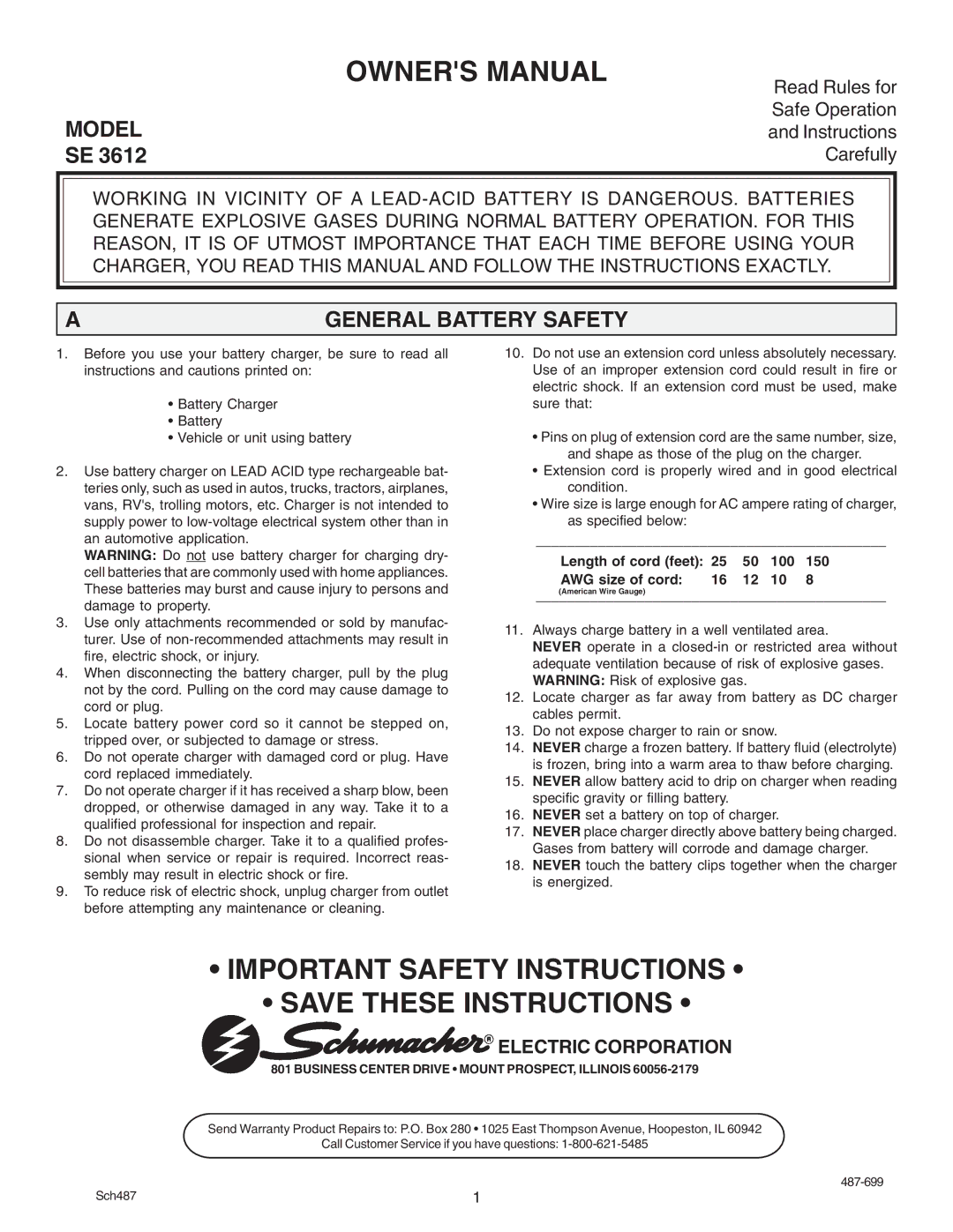 Schumacher SE 3612 owner manual Model, General Battery Safety, Business Center Drive Mount PROSPECT, Illinois 