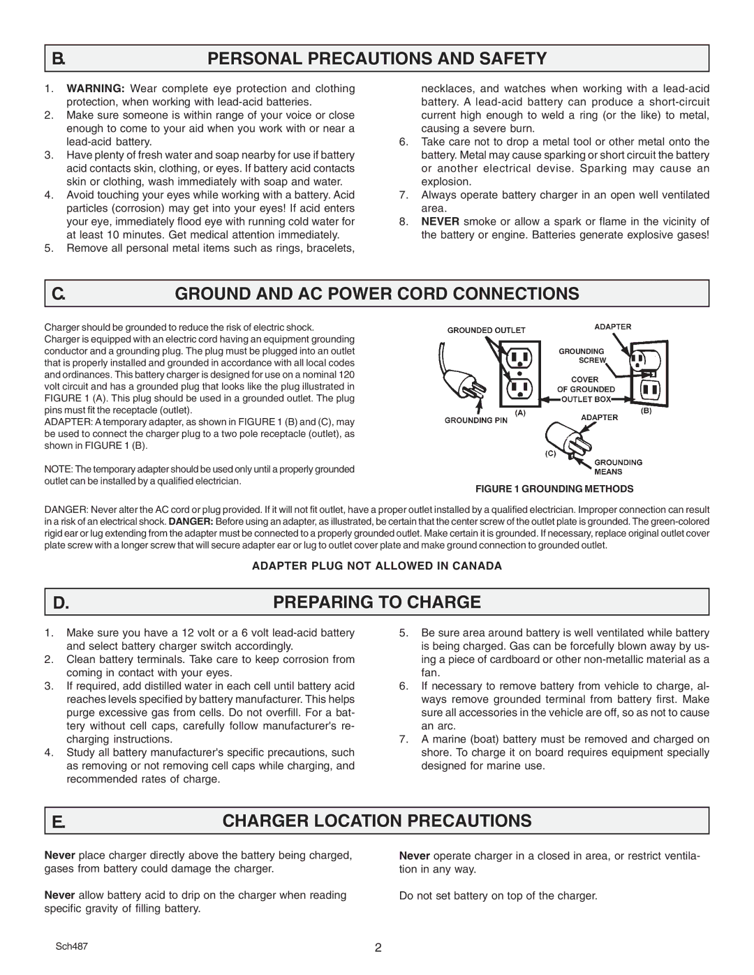 Schumacher SE 3612 owner manual Personal Precautions and Safety, Ground and AC Power Cord Connections, Preparing to Charge 