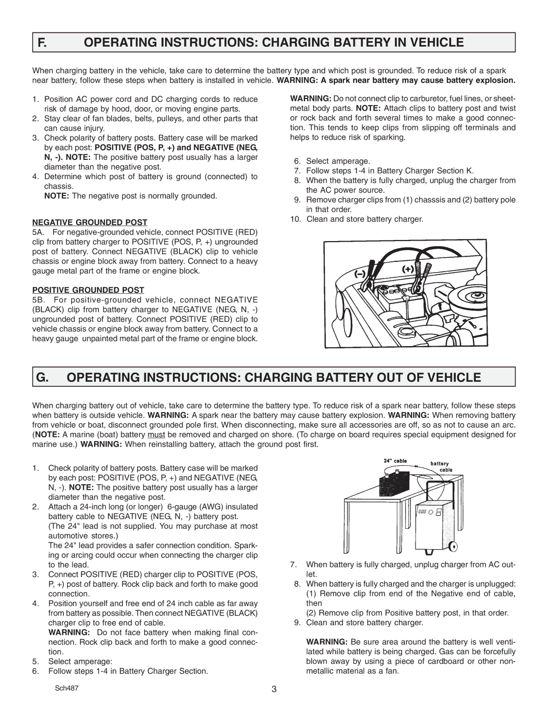 Schumacher SE 3612 Operating Instructions Charging Battery in Vehicle, Negative Grounded Post, Positive Grounded Post 