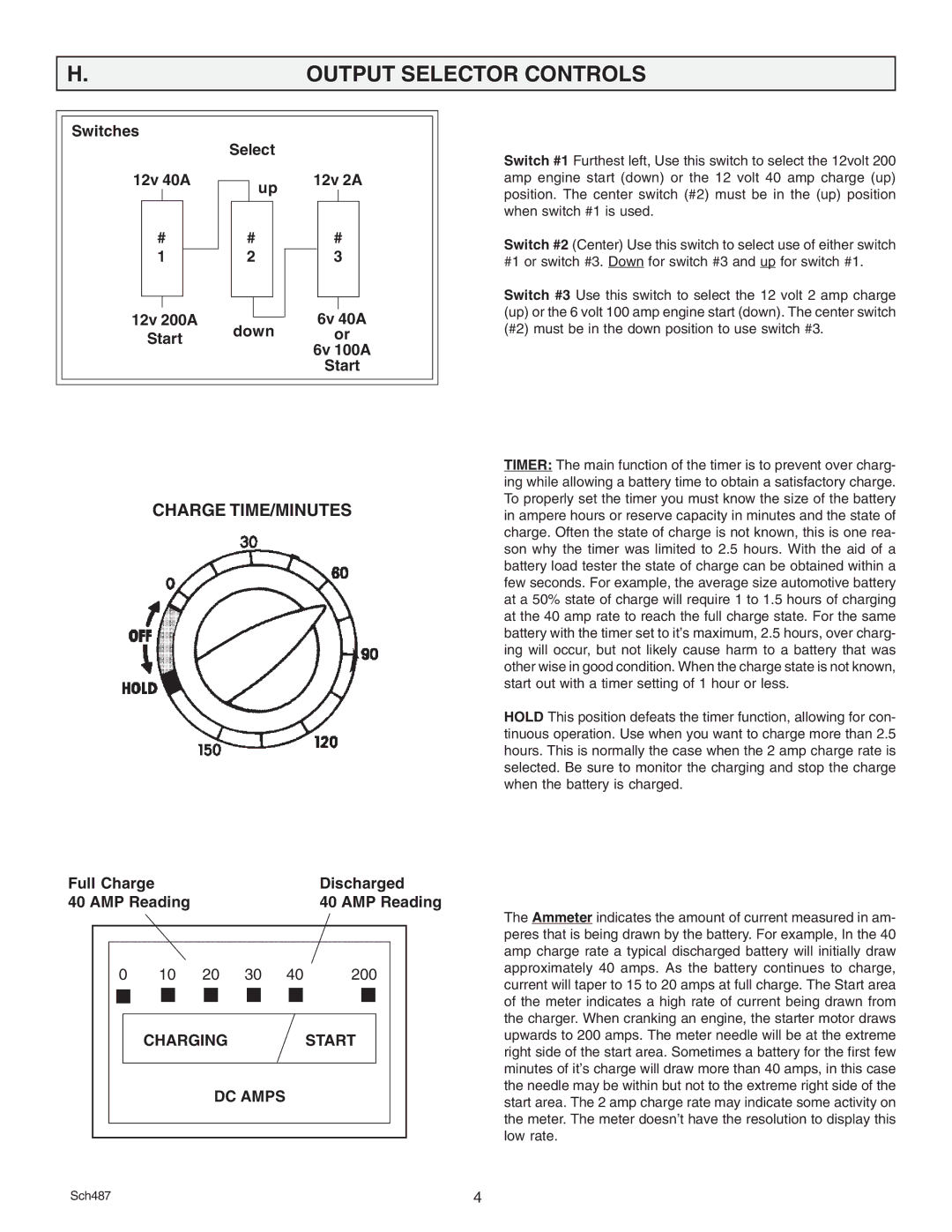 Schumacher SE 3612 owner manual Output Selector Controls, Charge TIME/MINUTES 
