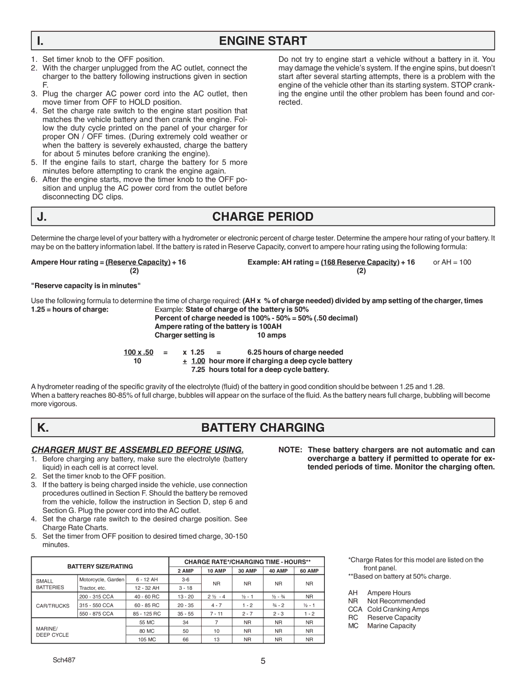 Schumacher SE 3612 Engine Start, Charge Period, Battery Charging, Battery SIZE/RATING Charge RATE*/CHARGING Time Hours 