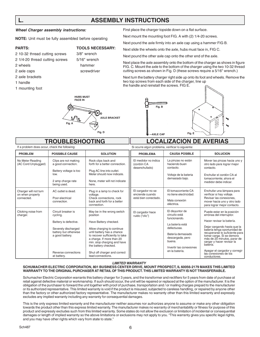 Schumacher SE 3612 owner manual Assembly Instructions, Troubleshooting, Localizacion DE Averias, Parts Tools Necessary 