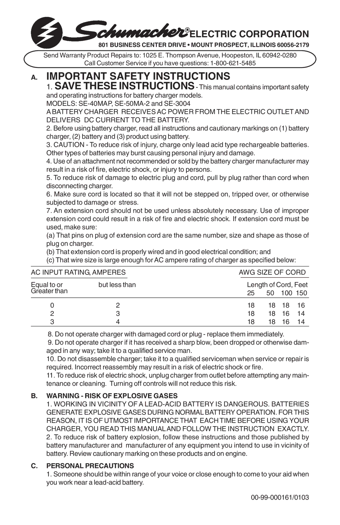 Schumacher SE-3004, SE-40MAP, SE-50-MA-2 important safety instructions Electric Corporation, Personal Precautions 