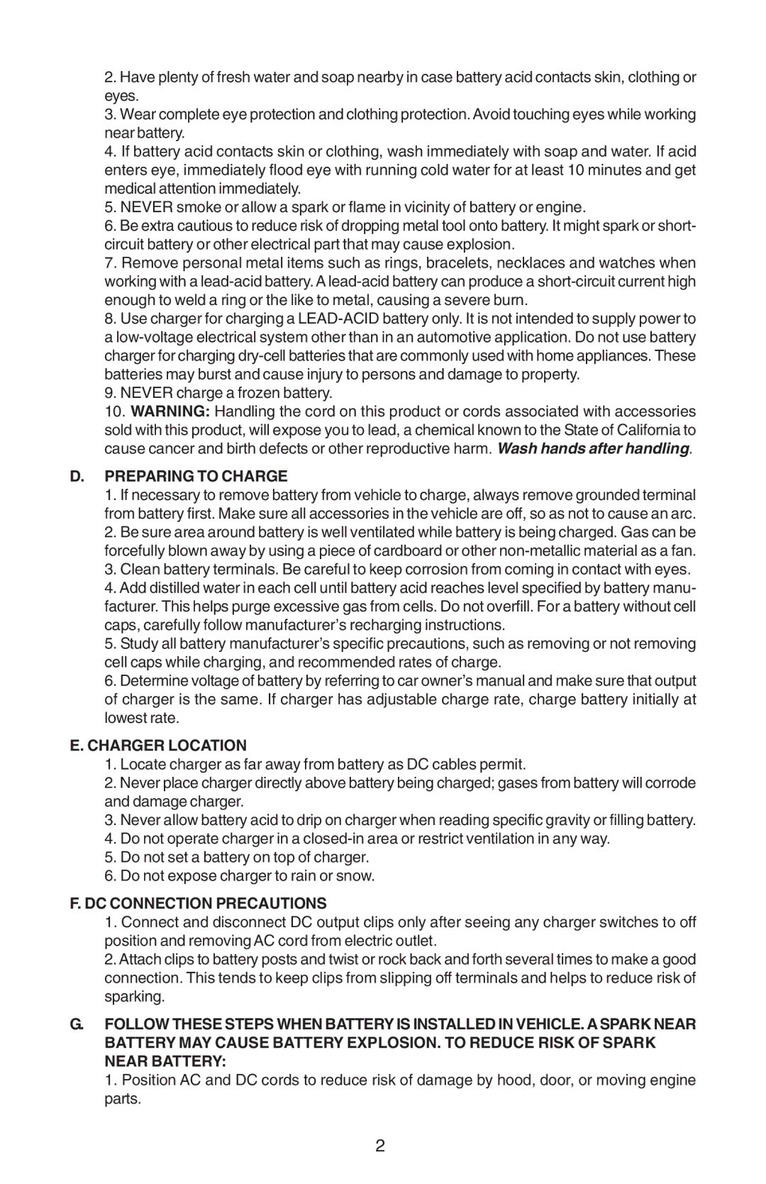 Schumacher SE-50-MA-2, SE-40MAP, SE-3004 Preparing to Charge, Charger Location, DC Connection Precautions 