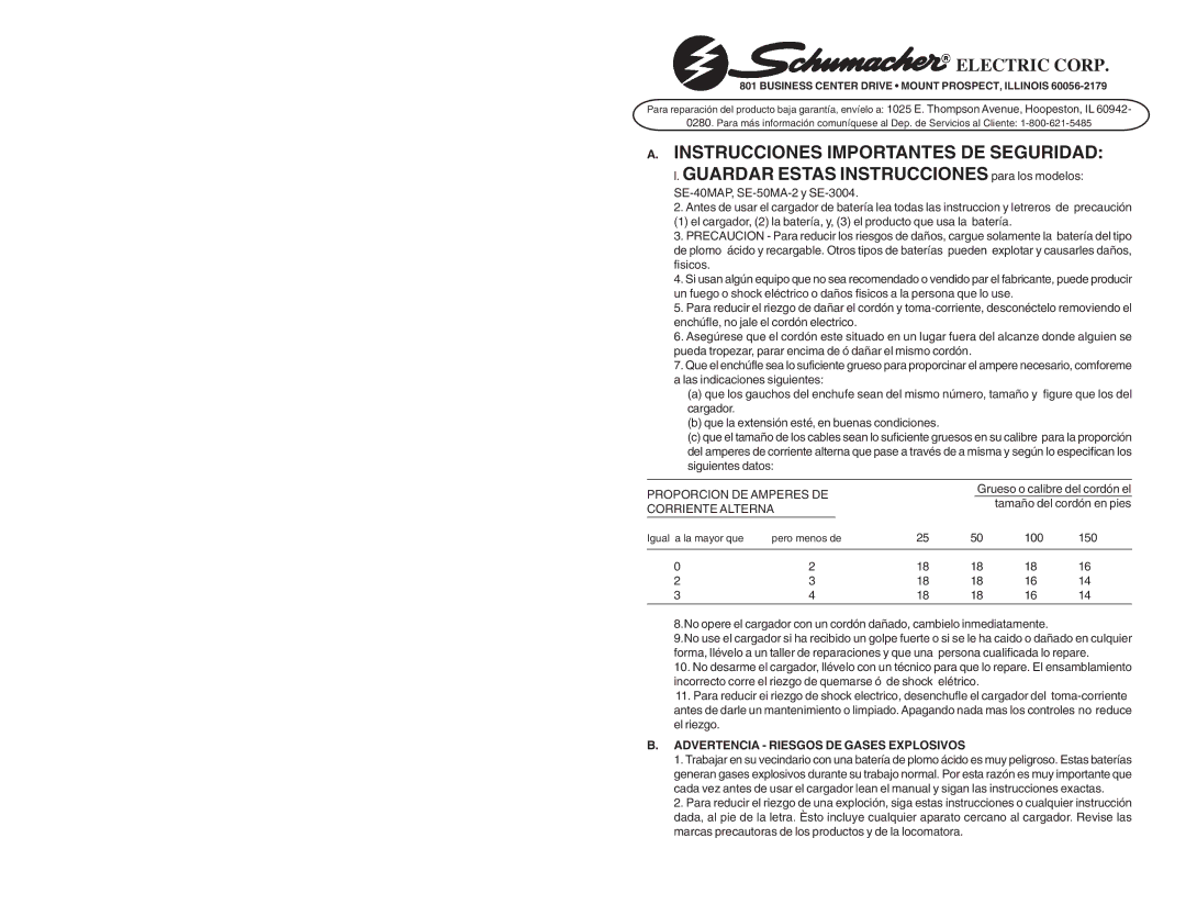 Schumacher SE-3004, SE-40MAP, SE-50-MA-2 important safety instructions Electric Corp, Advertencia Riesgos DE Gases Explosivos 