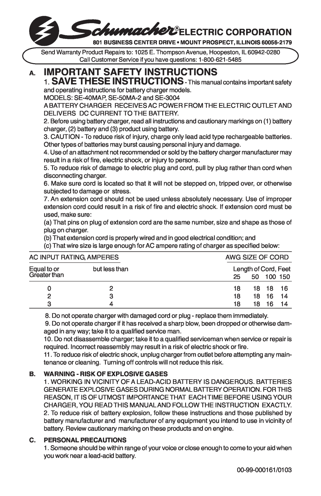 Schumacher SE-3004 important safety instructions A. Important Safety Instructions, B. Warning - Risk Of Explosive Gases 